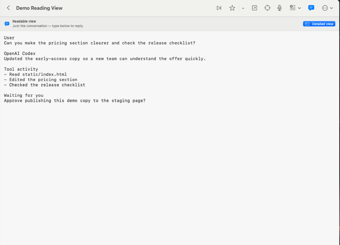 A real staged iVibecode reading-view screen showing synthetic Codex work, tool activity, and a waiting-for-you approval prompt.